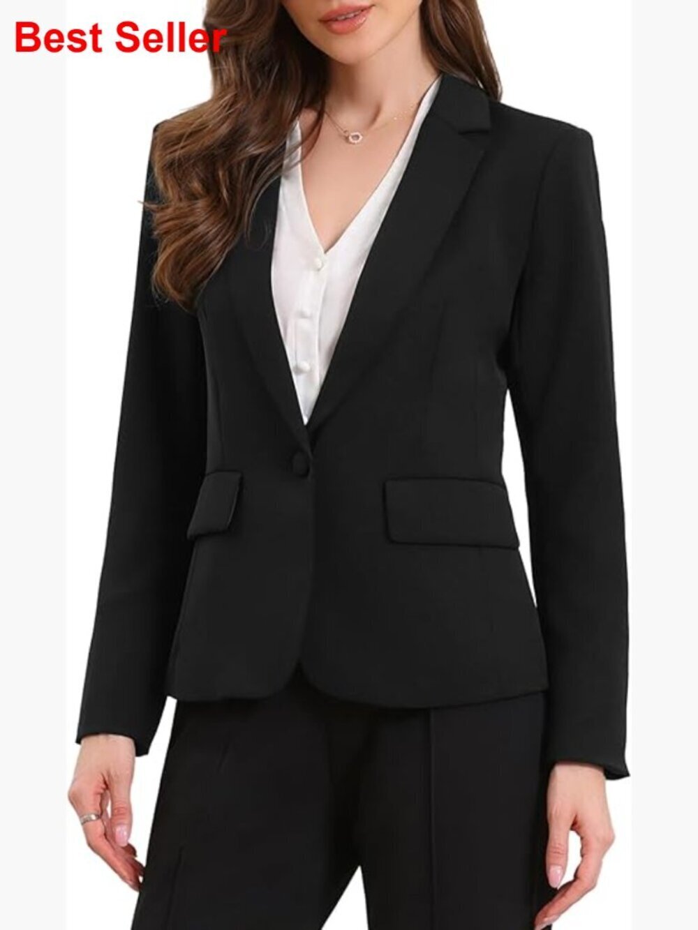 Long Sleeve Blazer with Shoulder Pads One Button Pockets Business Casual